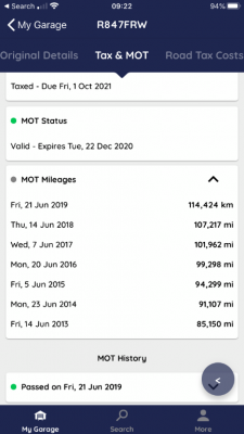 My Car Check App showing Miles &amp; KM